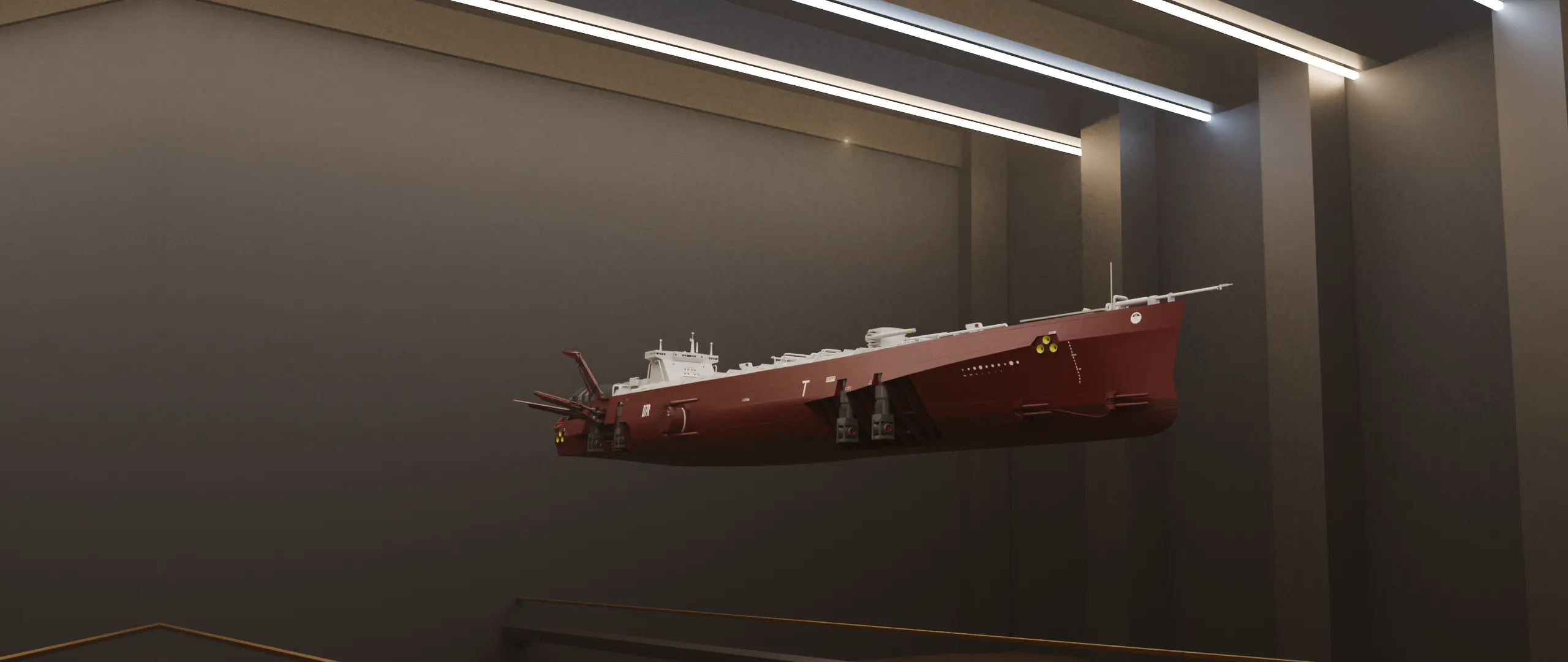 A Fimbul Tankship command ship held in a lit hangar bay